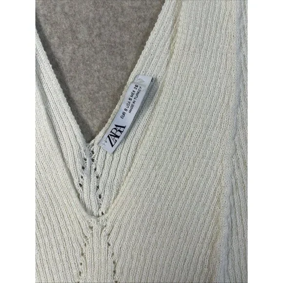 Zara Cream Sleeveless Crochet Knit Bottom Ruffle Crop Sweater Tank Top V Neck SM - Picture 2 of 9